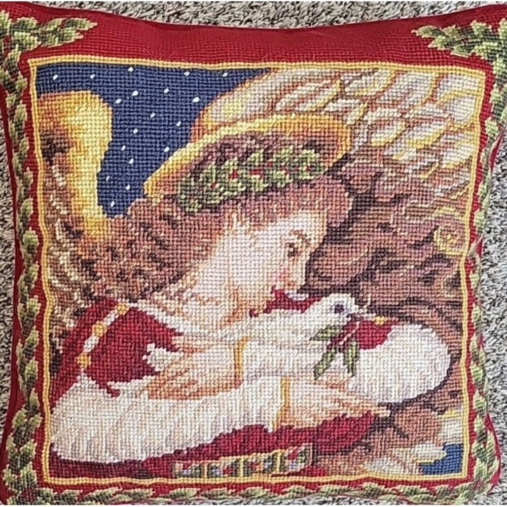 VINTAGE LANDS END Wool Needlepoint Pillow Christmas Angel With Dove Velvet 13"